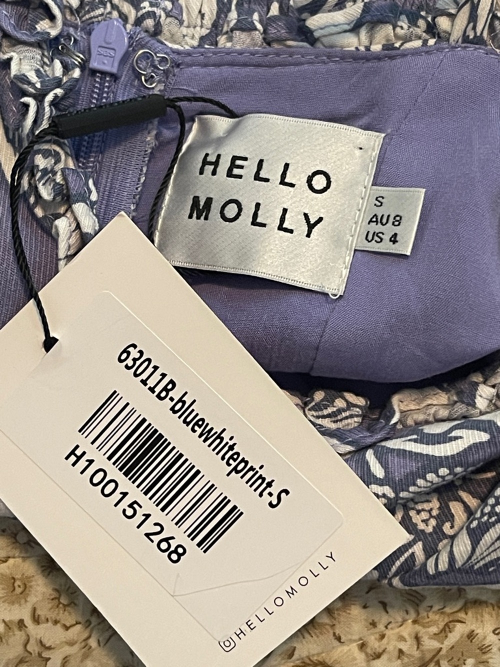 NWT Hello Molly On The Moon Dress Blue White Floral Smocked Ruffle Size Small - Picture 3 of 8